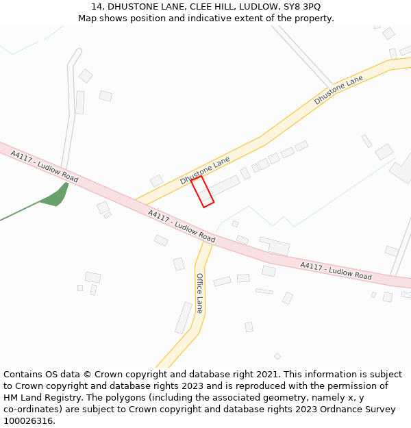 14, DHUSTONE LANE, CLEE HILL, LUDLOW, SY8 3PQ: Location map and indicative extent of plot