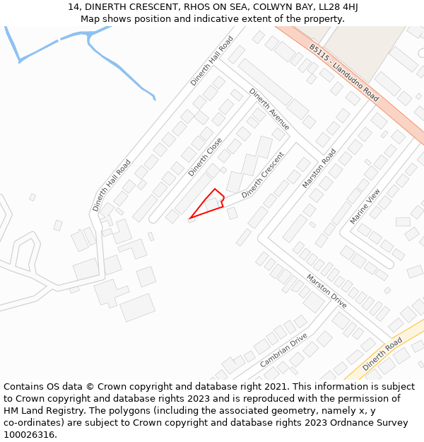 14, DINERTH CRESCENT, RHOS ON SEA, COLWYN BAY, LL28 4HJ: Location map and indicative extent of plot