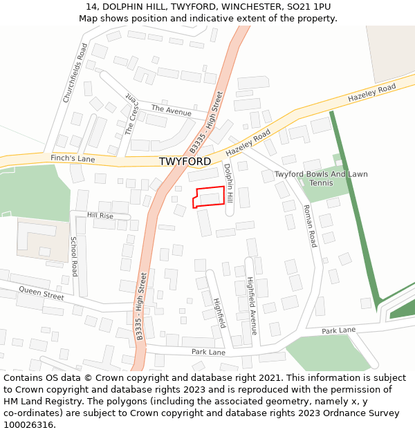 14, DOLPHIN HILL, TWYFORD, WINCHESTER, SO21 1PU: Location map and indicative extent of plot