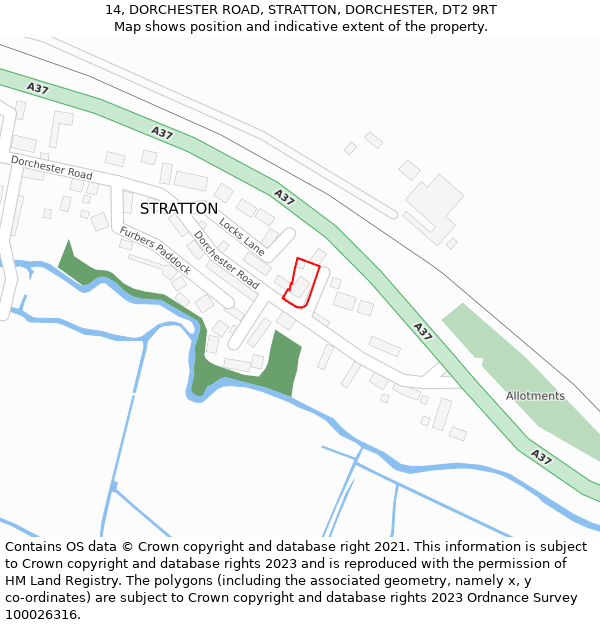 14, DORCHESTER ROAD, STRATTON, DORCHESTER, DT2 9RT: Location map and indicative extent of plot