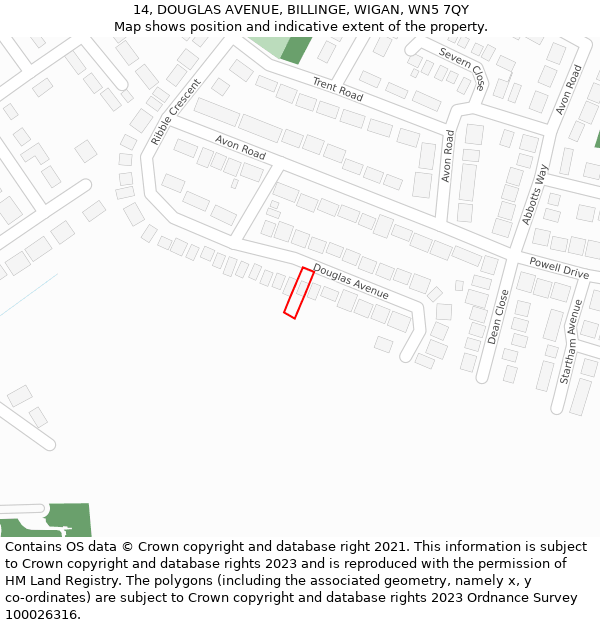 14, DOUGLAS AVENUE, BILLINGE, WIGAN, WN5 7QY: Location map and indicative extent of plot