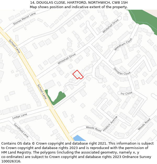 14, DOUGLAS CLOSE, HARTFORD, NORTHWICH, CW8 1SH: Location map and indicative extent of plot