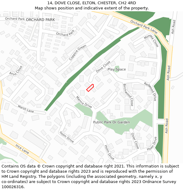 14, DOVE CLOSE, ELTON, CHESTER, CH2 4RD: Location map and indicative extent of plot