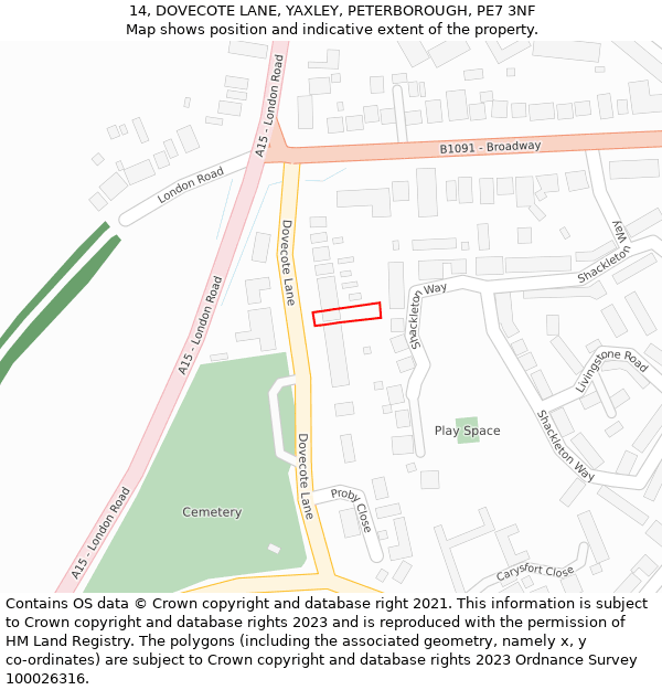 14, DOVECOTE LANE, YAXLEY, PETERBOROUGH, PE7 3NF: Location map and indicative extent of plot