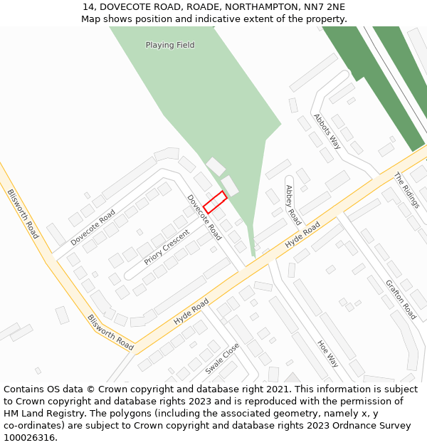 14, DOVECOTE ROAD, ROADE, NORTHAMPTON, NN7 2NE: Location map and indicative extent of plot
