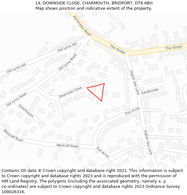 14, DOWNSIDE CLOSE, CHARMOUTH, BRIDPORT, DT6 6BH: Location map and indicative extent of plot