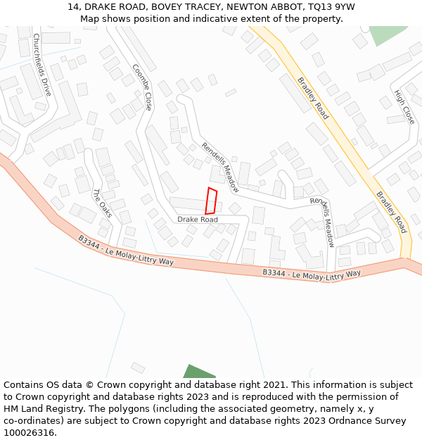 14, DRAKE ROAD, BOVEY TRACEY, NEWTON ABBOT, TQ13 9YW: Location map and indicative extent of plot