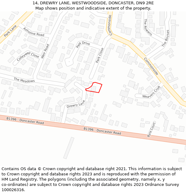 14, DREWRY LANE, WESTWOODSIDE, DONCASTER, DN9 2RE: Location map and indicative extent of plot