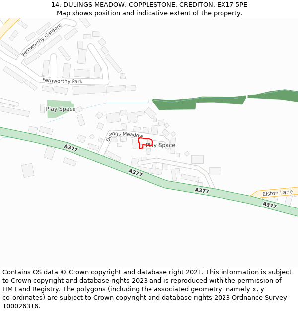 14, DULINGS MEADOW, COPPLESTONE, CREDITON, EX17 5PE: Location map and indicative extent of plot