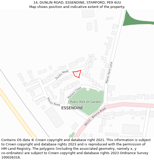 14, DUNLIN ROAD, ESSENDINE, STAMFORD, PE9 4UU: Location map and indicative extent of plot