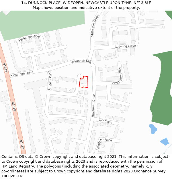 14, DUNNOCK PLACE, WIDEOPEN, NEWCASTLE UPON TYNE, NE13 6LE: Location map and indicative extent of plot