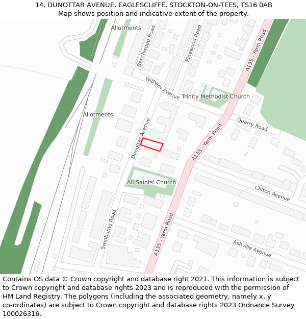 14, DUNOTTAR AVENUE, EAGLESCLIFFE, STOCKTON-ON-TEES, TS16 0AB: Location map and indicative extent of plot