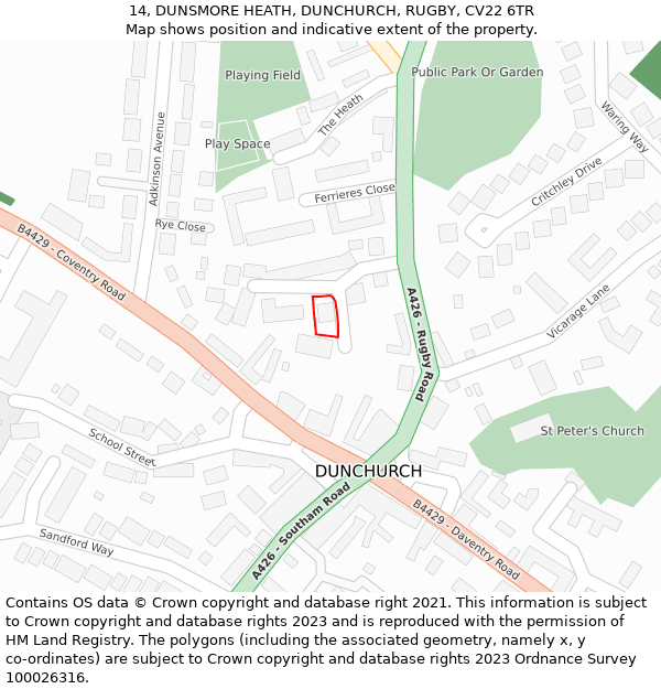 14, DUNSMORE HEATH, DUNCHURCH, RUGBY, CV22 6TR: Location map and indicative extent of plot