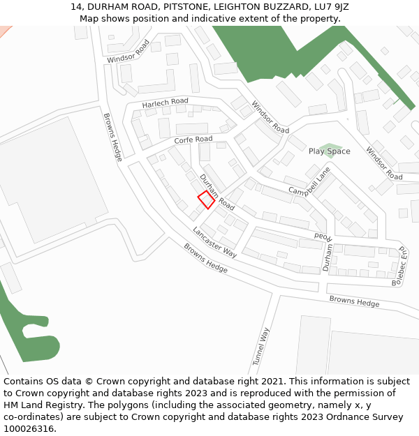 14, DURHAM ROAD, PITSTONE, LEIGHTON BUZZARD, LU7 9JZ: Location map and indicative extent of plot