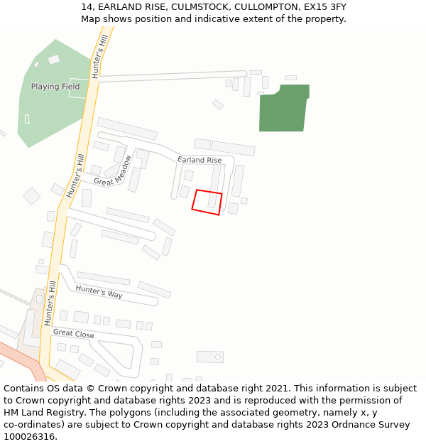 14, EARLAND RISE, CULMSTOCK, CULLOMPTON, EX15 3FY: Location map and indicative extent of plot