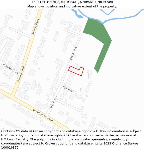 14, EAST AVENUE, BRUNDALL, NORWICH, NR13 5PB: Location map and indicative extent of plot