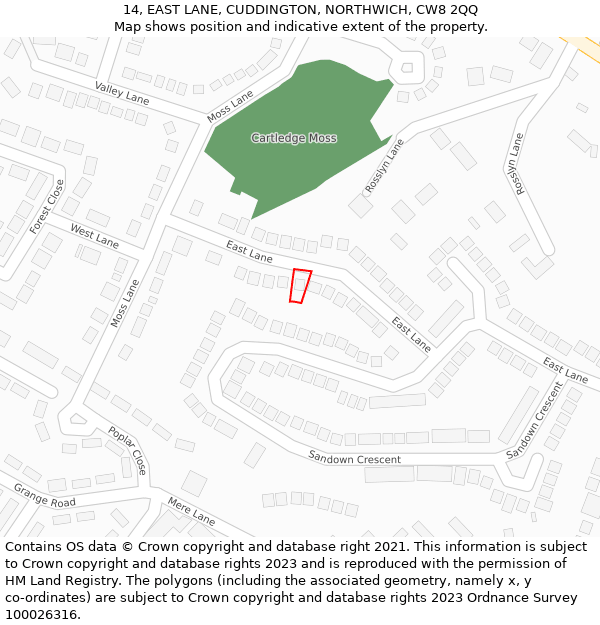 14, EAST LANE, CUDDINGTON, NORTHWICH, CW8 2QQ: Location map and indicative extent of plot