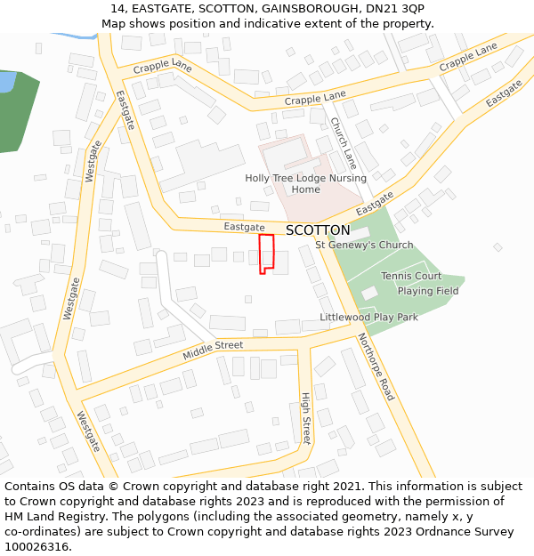 14, EASTGATE, SCOTTON, GAINSBOROUGH, DN21 3QP: Location map and indicative extent of plot