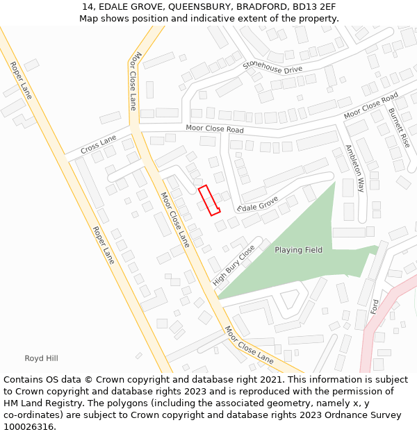 14, EDALE GROVE, QUEENSBURY, BRADFORD, BD13 2EF: Location map and indicative extent of plot