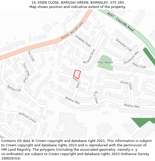 14, EDEN CLOSE, BARUGH GREEN, BARNSLEY, S75 1RA: Location map and indicative extent of plot