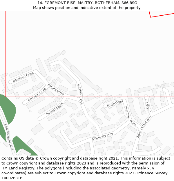 14, EGREMONT RISE, MALTBY, ROTHERHAM, S66 8SG: Location map and indicative extent of plot