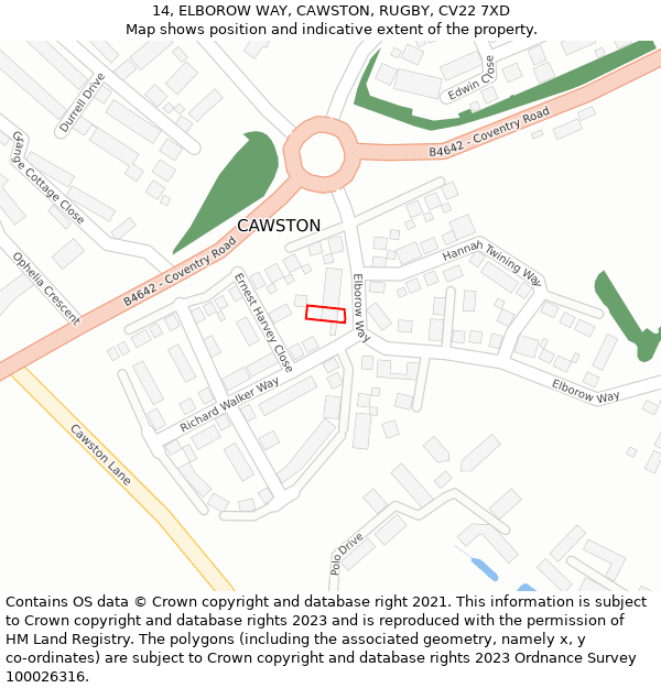 14, ELBOROW WAY, CAWSTON, RUGBY, CV22 7XD: Location map and indicative extent of plot