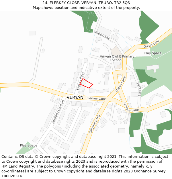 14, ELERKEY CLOSE, VERYAN, TRURO, TR2 5QS: Location map and indicative extent of plot