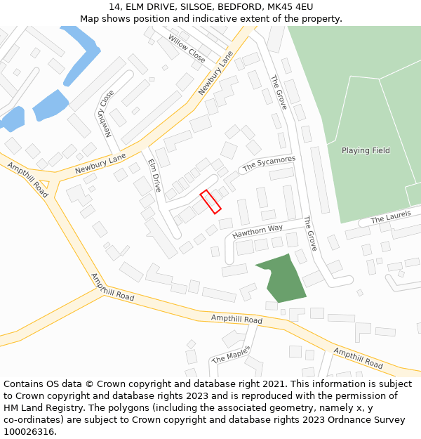 14, ELM DRIVE, SILSOE, BEDFORD, MK45 4EU: Location map and indicative extent of plot