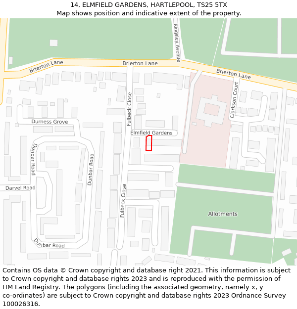 14, ELMFIELD GARDENS, HARTLEPOOL, TS25 5TX: Location map and indicative extent of plot