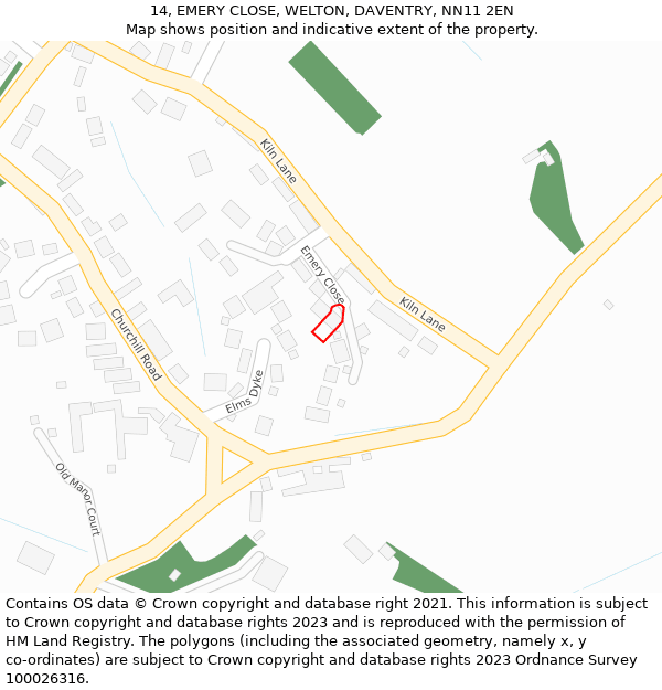 14, EMERY CLOSE, WELTON, DAVENTRY, NN11 2EN: Location map and indicative extent of plot