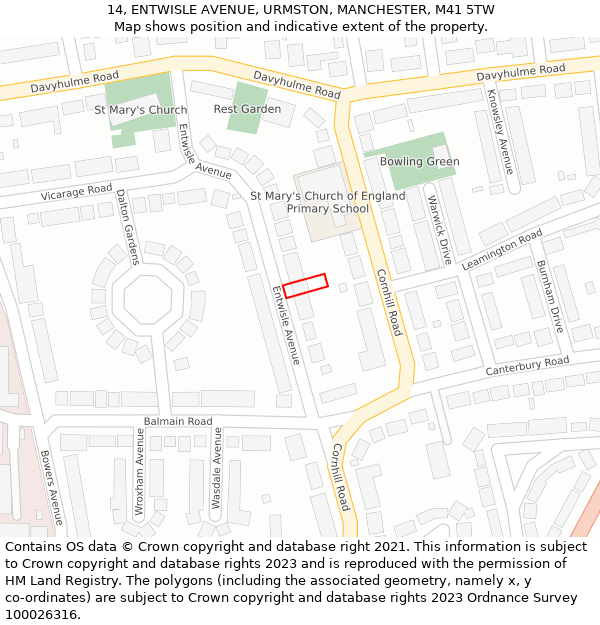 14, ENTWISLE AVENUE, URMSTON, MANCHESTER, M41 5TW: Location map and indicative extent of plot