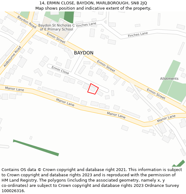 14, ERMIN CLOSE, BAYDON, MARLBOROUGH, SN8 2JQ: Location map and indicative extent of plot