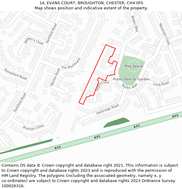 14, EVANS COURT, BROUGHTON, CHESTER, CH4 0FS: Location map and indicative extent of plot