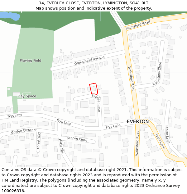 14, EVERLEA CLOSE, EVERTON, LYMINGTON, SO41 0LT: Location map and indicative extent of plot