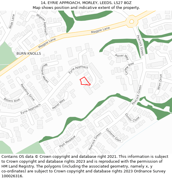 14, EYRIE APPROACH, MORLEY, LEEDS, LS27 8GZ: Location map and indicative extent of plot