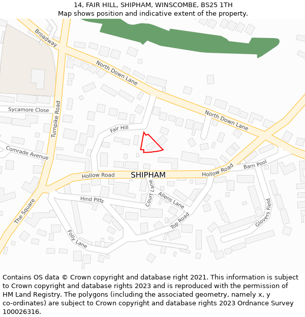 14, FAIR HILL, SHIPHAM, WINSCOMBE, BS25 1TH: Location map and indicative extent of plot