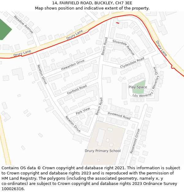 14, FAIRFIELD ROAD, BUCKLEY, CH7 3EE: Location map and indicative extent of plot