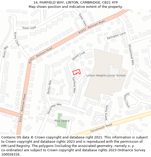 14, FAIRFIELD WAY, LINTON, CAMBRIDGE, CB21 4YP: Location map and indicative extent of plot