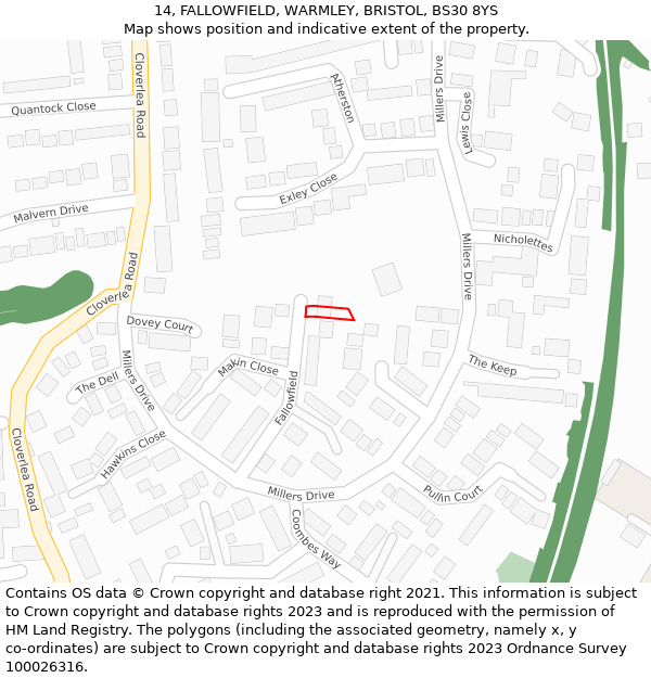 14, FALLOWFIELD, WARMLEY, BRISTOL, BS30 8YS: Location map and indicative extent of plot