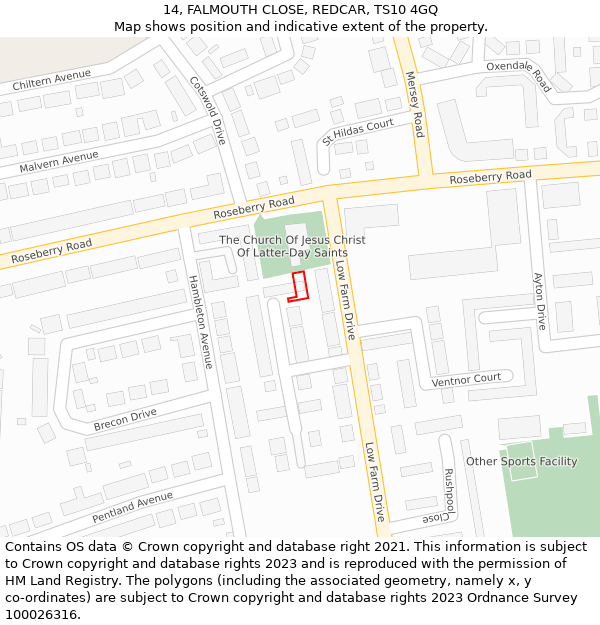 14, FALMOUTH CLOSE, REDCAR, TS10 4GQ: Location map and indicative extent of plot