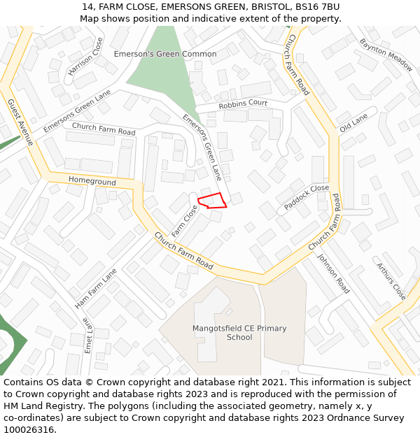 14, FARM CLOSE, EMERSONS GREEN, BRISTOL, BS16 7BU: Location map and indicative extent of plot