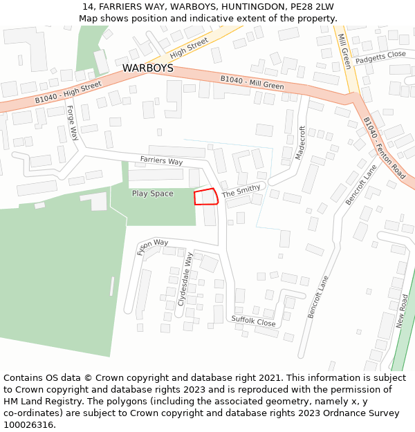 14, FARRIERS WAY, WARBOYS, HUNTINGDON, PE28 2LW: Location map and indicative extent of plot