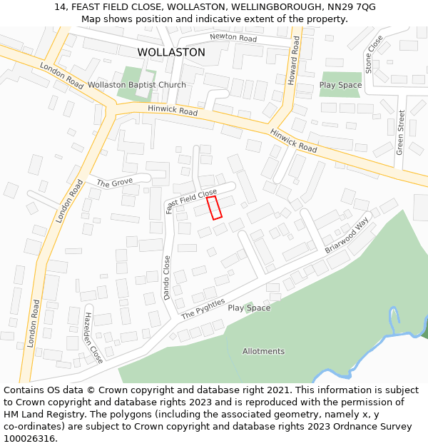 14, FEAST FIELD CLOSE, WOLLASTON, WELLINGBOROUGH, NN29 7QG: Location map and indicative extent of plot