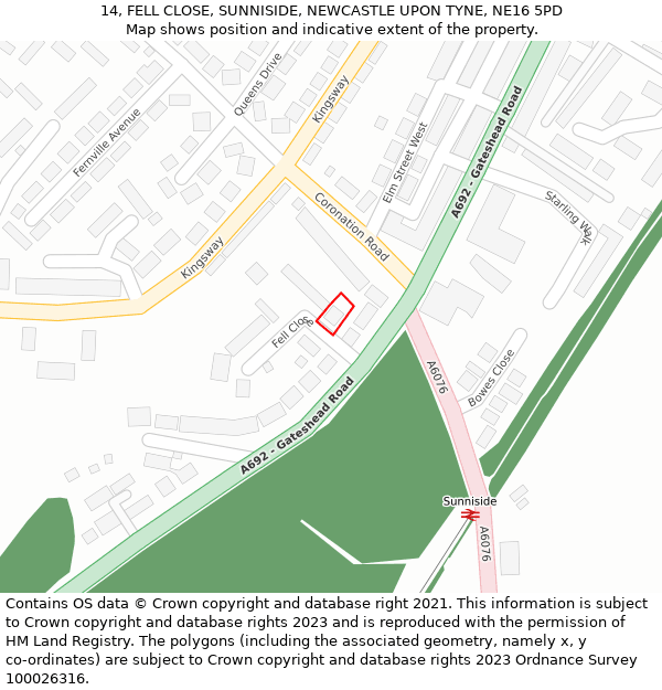 14, FELL CLOSE, SUNNISIDE, NEWCASTLE UPON TYNE, NE16 5PD: Location map and indicative extent of plot