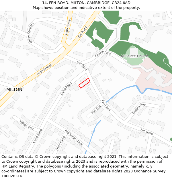 14, FEN ROAD, MILTON, CAMBRIDGE, CB24 6AD: Location map and indicative extent of plot