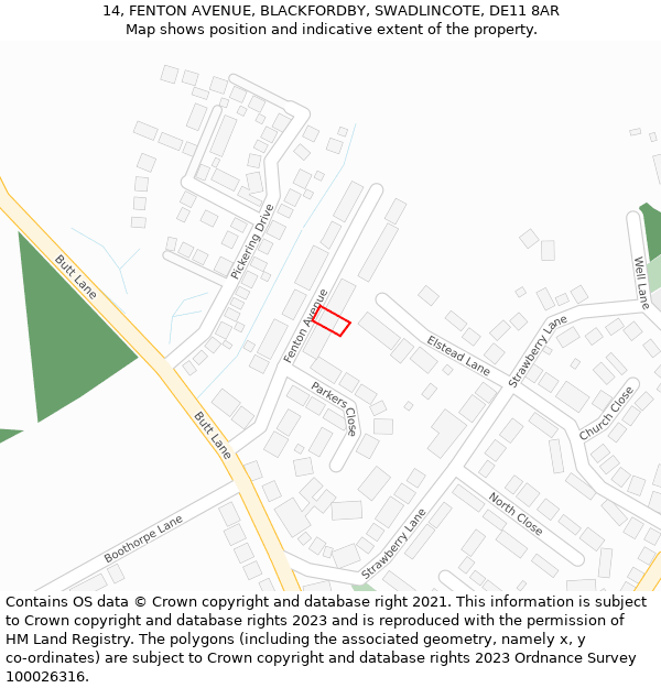 14, FENTON AVENUE, BLACKFORDBY, SWADLINCOTE, DE11 8AR: Location map and indicative extent of plot