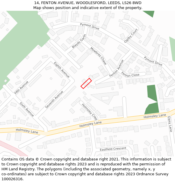 14, FENTON AVENUE, WOODLESFORD, LEEDS, LS26 8WD: Location map and indicative extent of plot