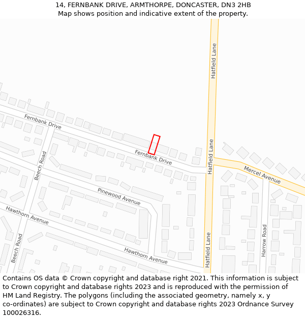 14, FERNBANK DRIVE, ARMTHORPE, DONCASTER, DN3 2HB: Location map and indicative extent of plot