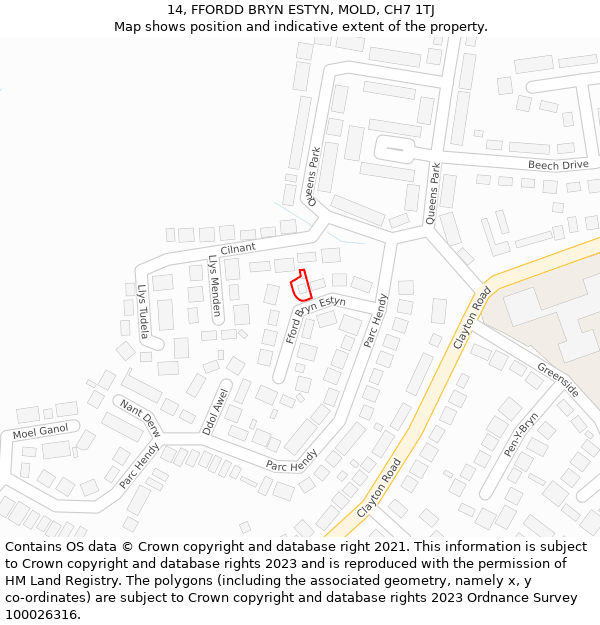 14, FFORDD BRYN ESTYN, MOLD, CH7 1TJ: Location map and indicative extent of plot