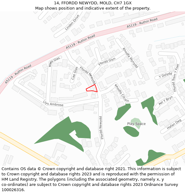 14, FFORDD NEWYDD, MOLD, CH7 1GX: Location map and indicative extent of plot